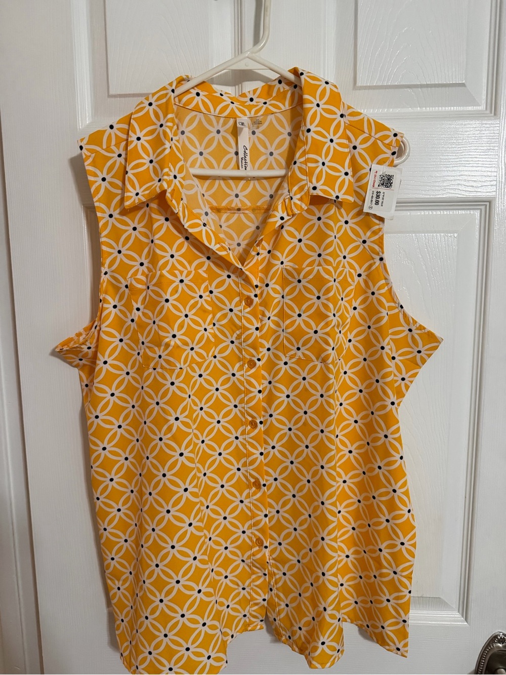 NY Collection Yellow & White Geometric Sleeveless Button-Down Top, NWT, 3X